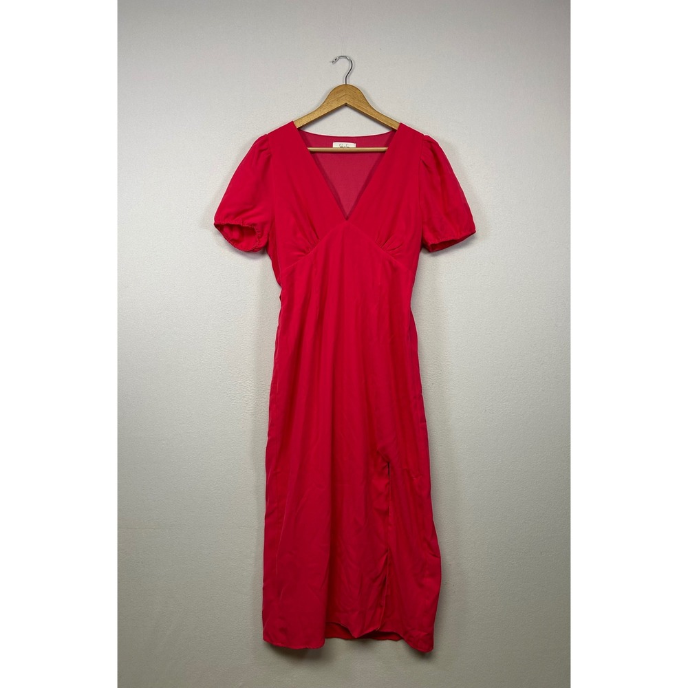 Cottagecore Sadie & Sage Womens Large Pink V-Neck Puff Sleeve Midi Slit Dress‎